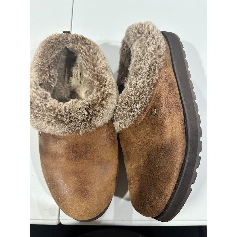 Skechers BOBS Keepsakes Ice Angel Slippers Brown Faux Fur Memory Foam Womens 8.5